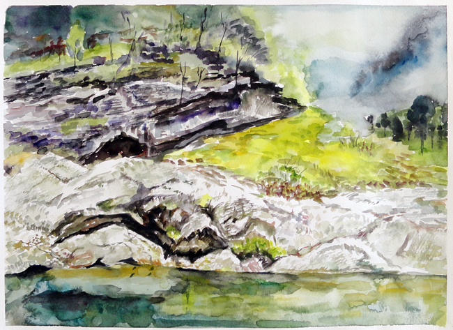 《溪畔之石林》水彩画