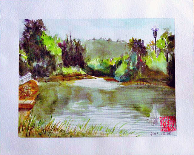 《听心湖一景》(水彩画)