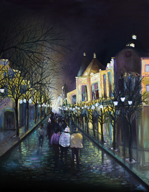 《哈尔滨中央大街冬季夜色之一》(布上油画)70X90cm 创作时间2015年8月