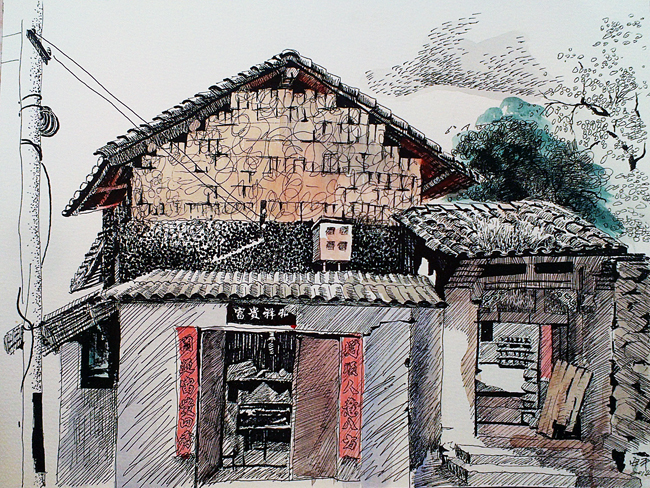 孙海平作品《八街龙洞村一景》钢笔淡彩 420×297mm 2014