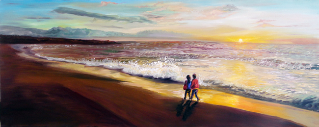 《朝霞中的情侣 》60X150cm(布上油画 )