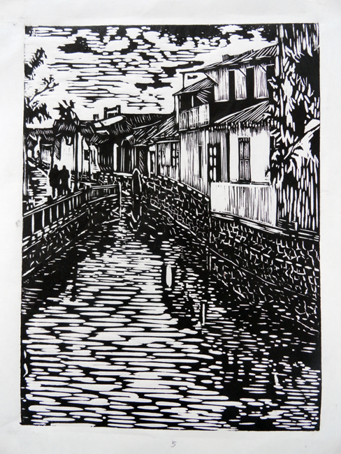 《流水人家》25X35cm(黑白木刻)