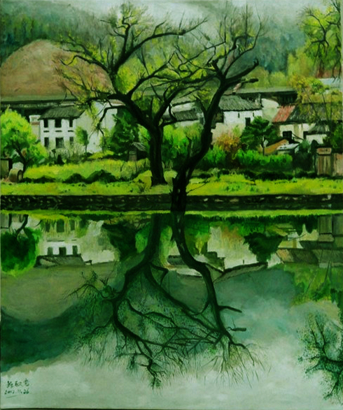 《山脚下的小村庄 》50X60cm(布上油画)