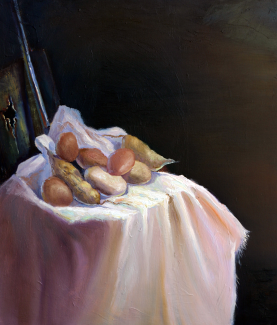 《白布上的红薯与土豆》(布上油画)60X70cm 创作时间2015年8月