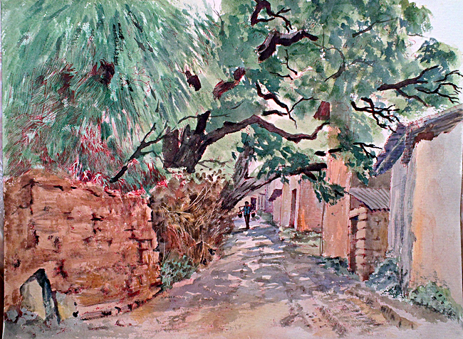 孙海平作品《安宁八街龙洞村之小路》钢笔淡彩 420×297mm 2014