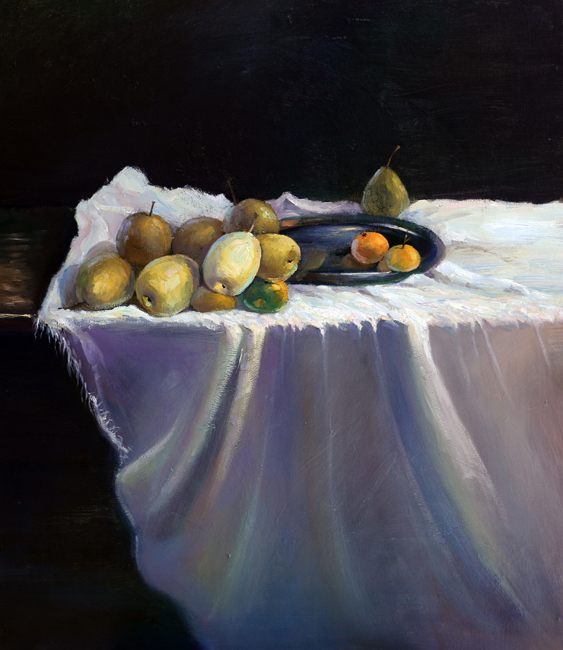 《白布上的水果》(布上油画)60X70cm 创作时间2015年8月