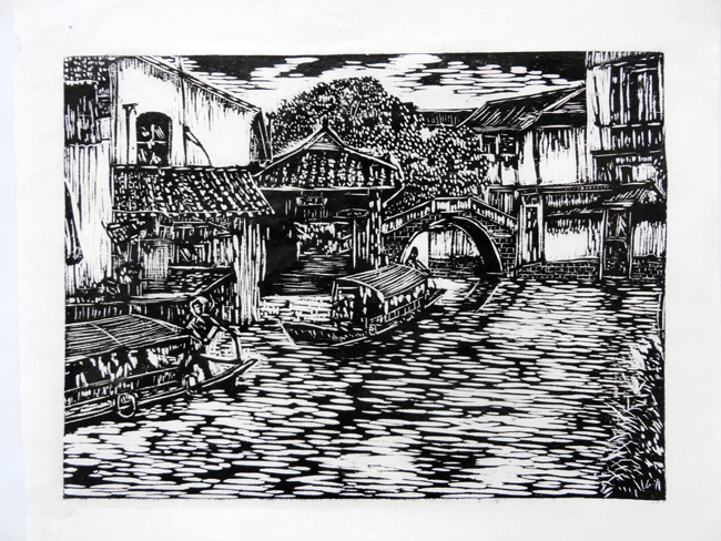 《小镇》25X35cm(黑白木刻)